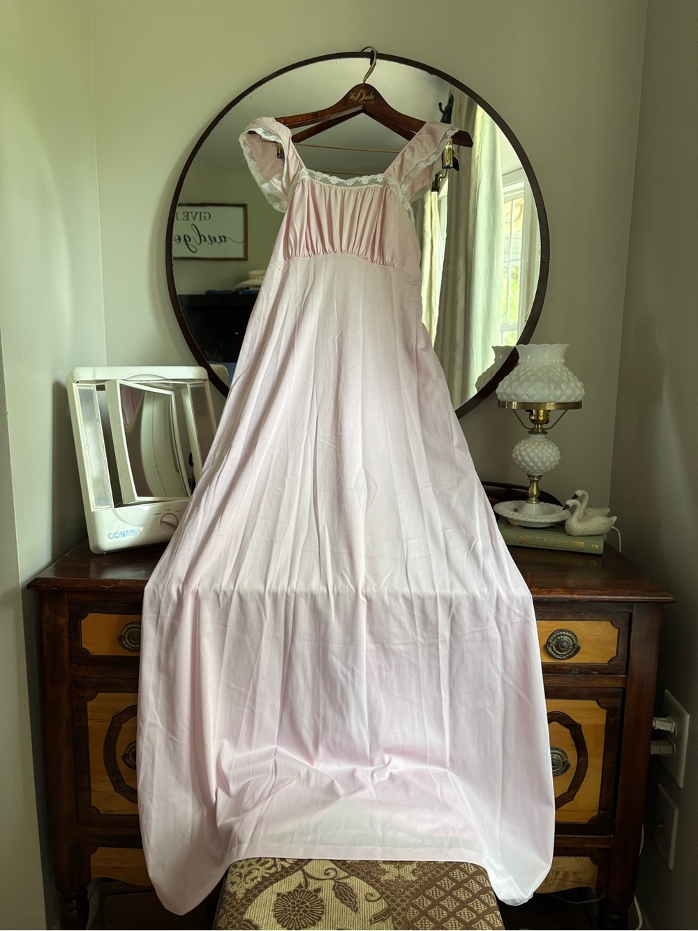 Vintage Soft Pale Pink Long Nightgown Chemise with Ruffle Cap Sleeves